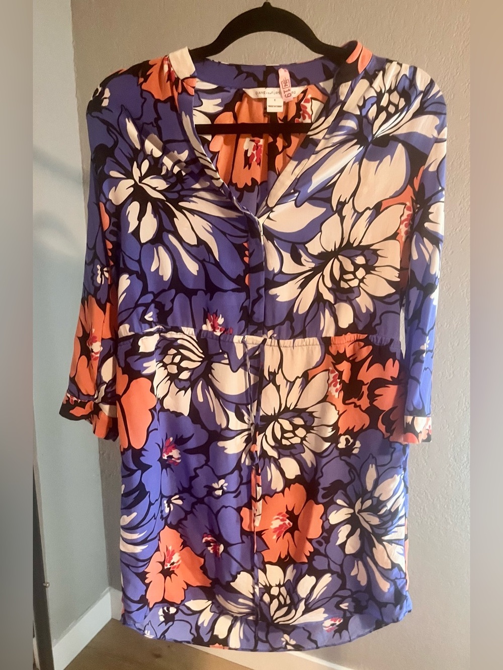 Diane Von Furstenberg Silk Floral V-Neck Tunic — Blue, White & Coral